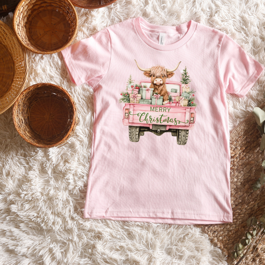 Highland Cow Christmas Truck Short/ Long Sleeve Tees (Toddler/ Youth Sizes)