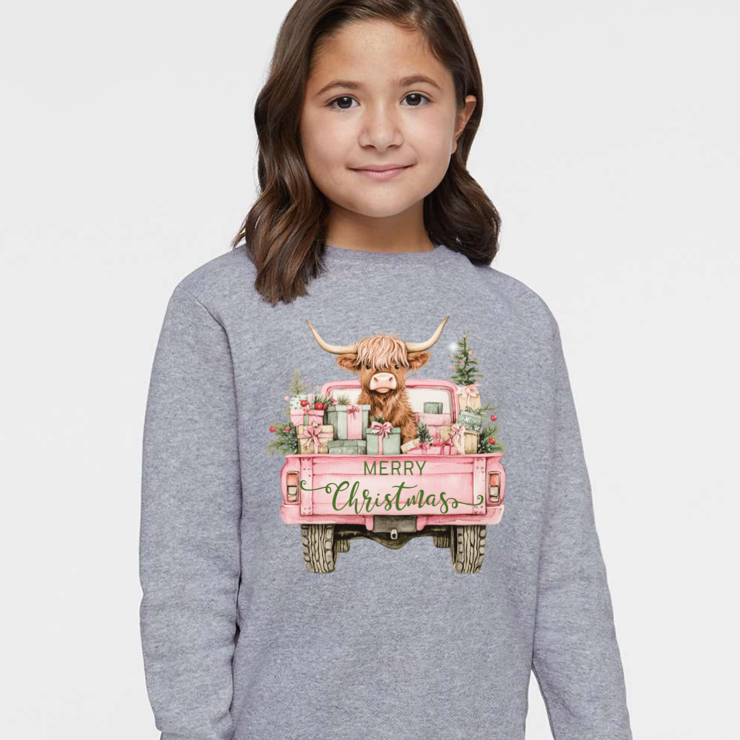 Highland Cow Christmas Truck (Toddler & Youth Sizes) Crewneck Sweatshirts