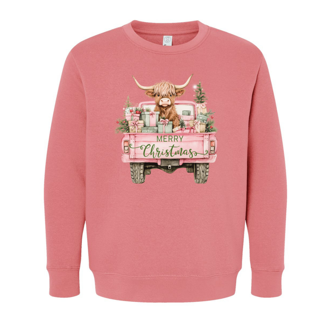 Highland Cow Christmas Truck (Toddler & Youth Sizes) Crewneck Sweatshirts