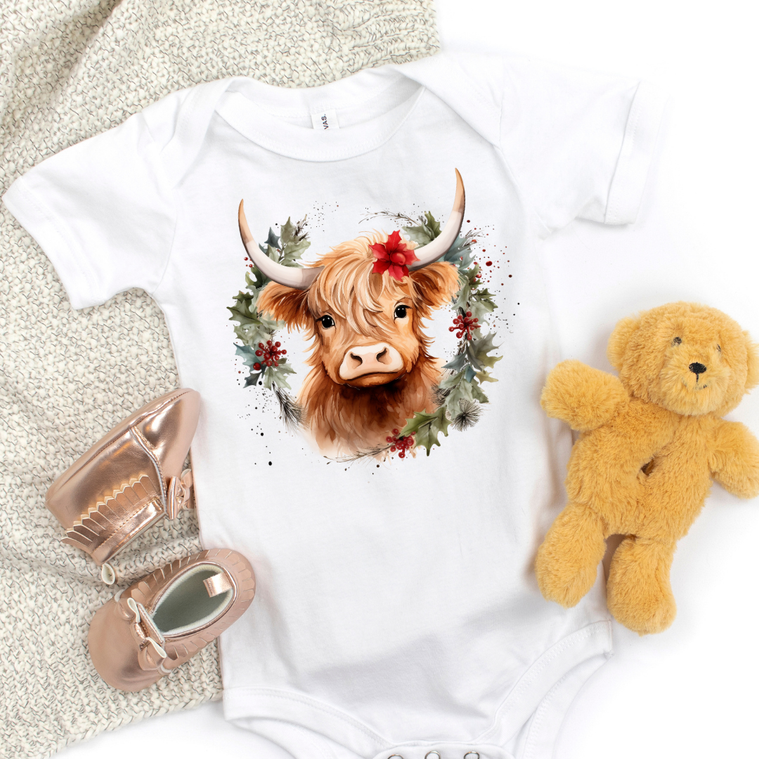 Christmas Cow Wreath Short Sleeve Infant Bodysuit