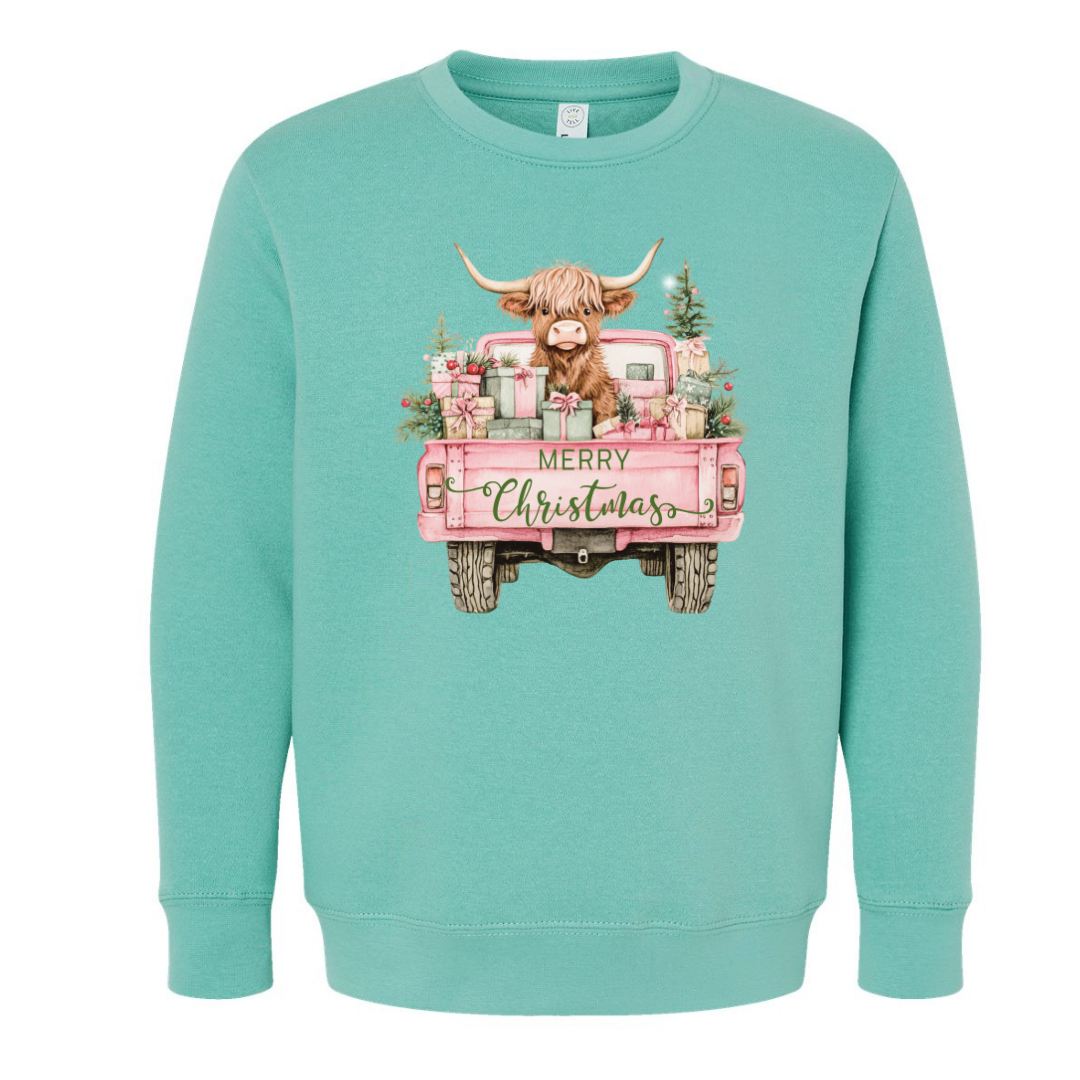 Highland Cow Christmas Truck (Toddler & Youth Sizes) Crewneck Sweatshirts