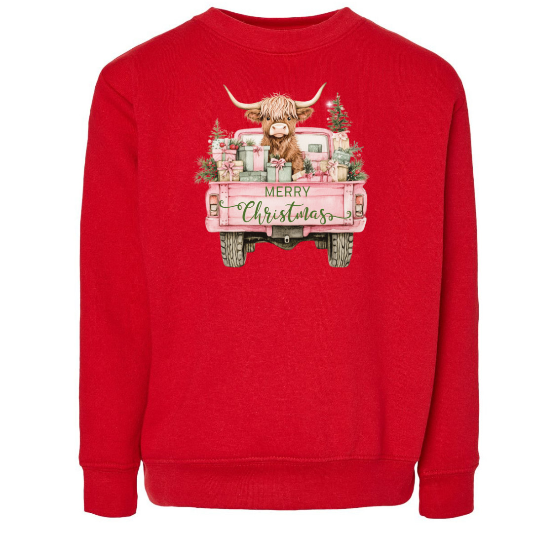 Highland Cow Christmas Truck (Toddler & Youth Sizes) Crewneck Sweatshirts