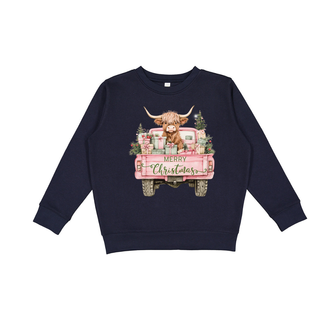 Highland Cow Christmas Truck (Toddler & Youth Sizes) Crewneck Sweatshirts