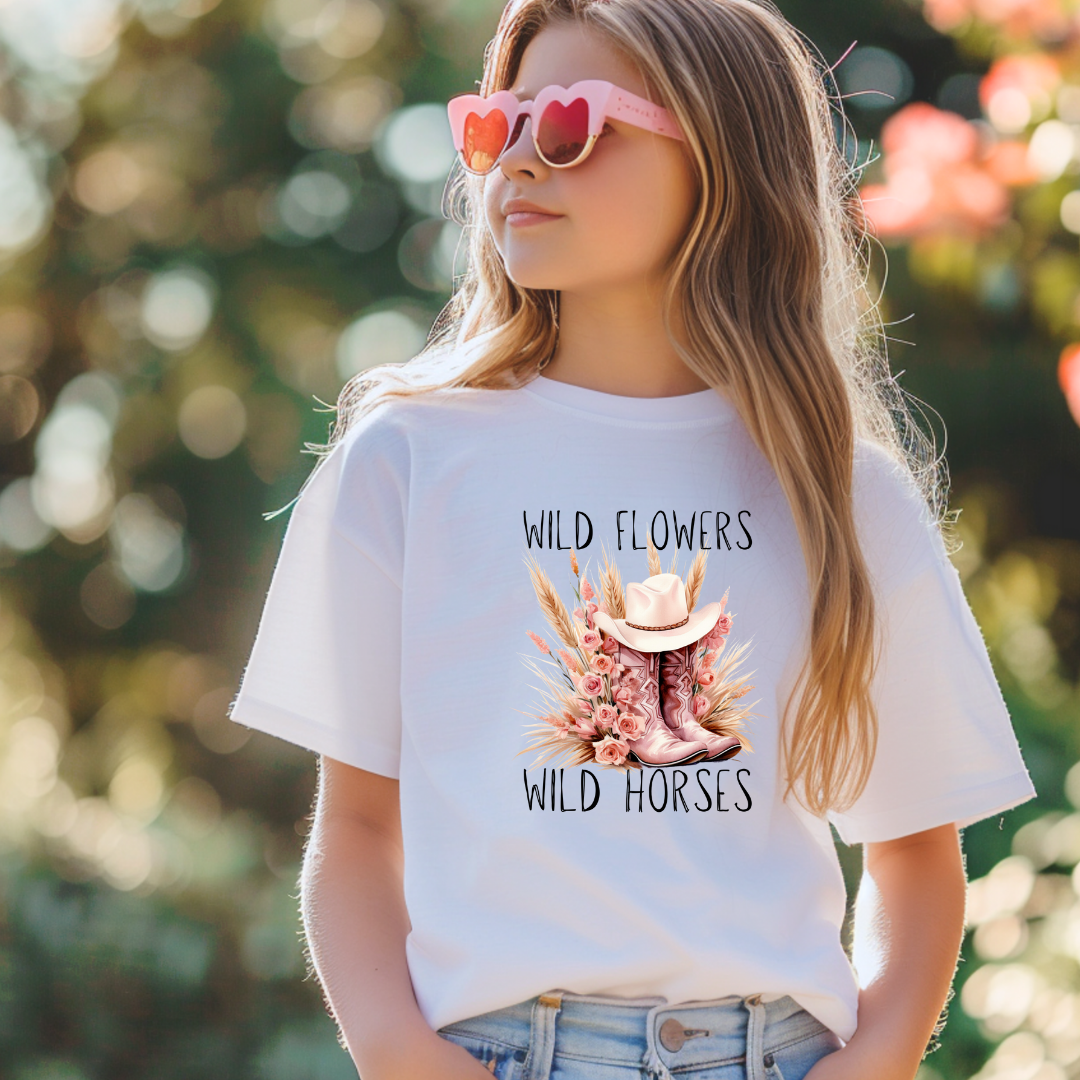 Wildflowers Wild Horses Pink Boot short/ Long Sleeve Tees (Toddler/ Youth Sizes)