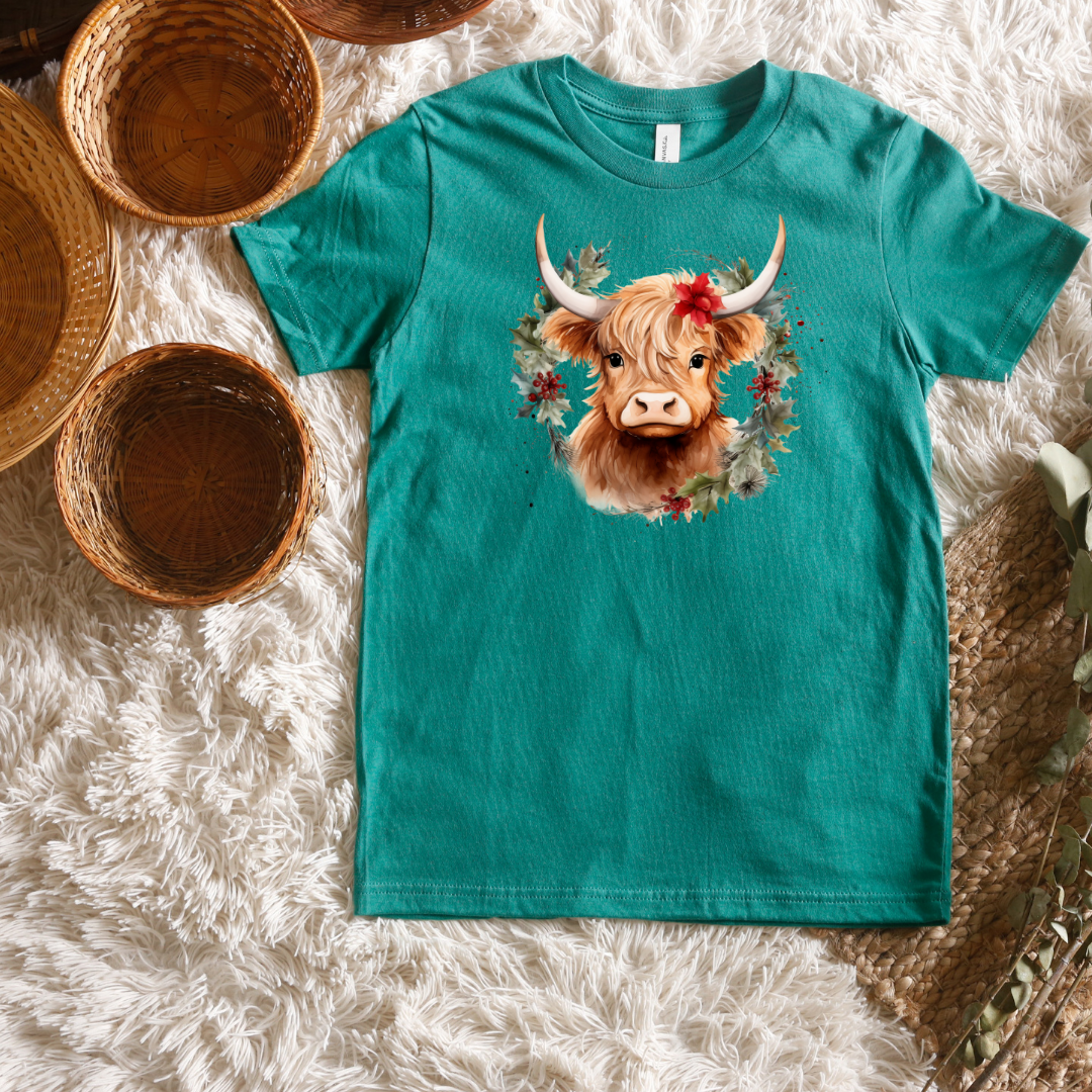 Christmas Cow Wreath Short/ Long Sleeve Tees (Toddler/ Youth Sizes)