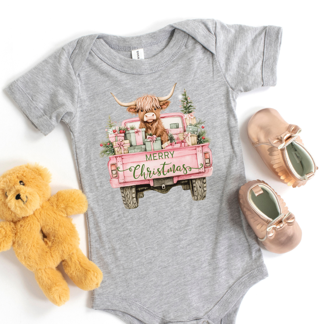 Highland Cow Christmas Truck Short Sleeve Infant Bodysuit