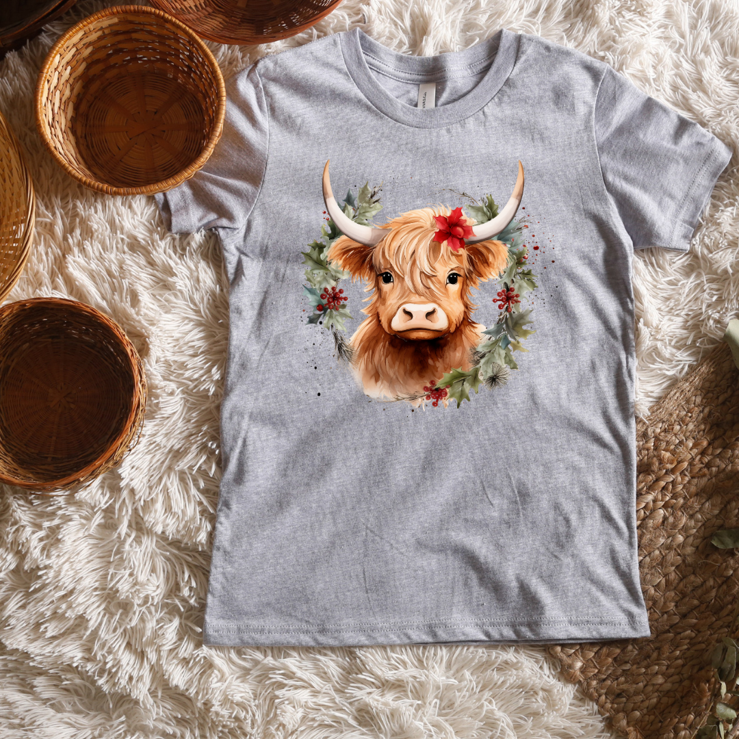 Christmas Cow Wreath Short/ Long Sleeve Tees (Toddler/ Youth Sizes)