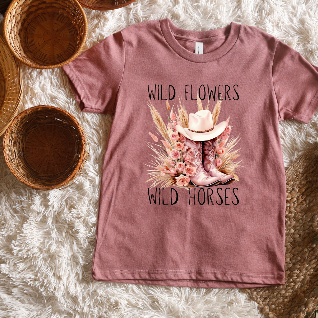 Wildflowers Wild Horses Pink Boot short/ Long Sleeve Tees (Toddler/ Youth Sizes)