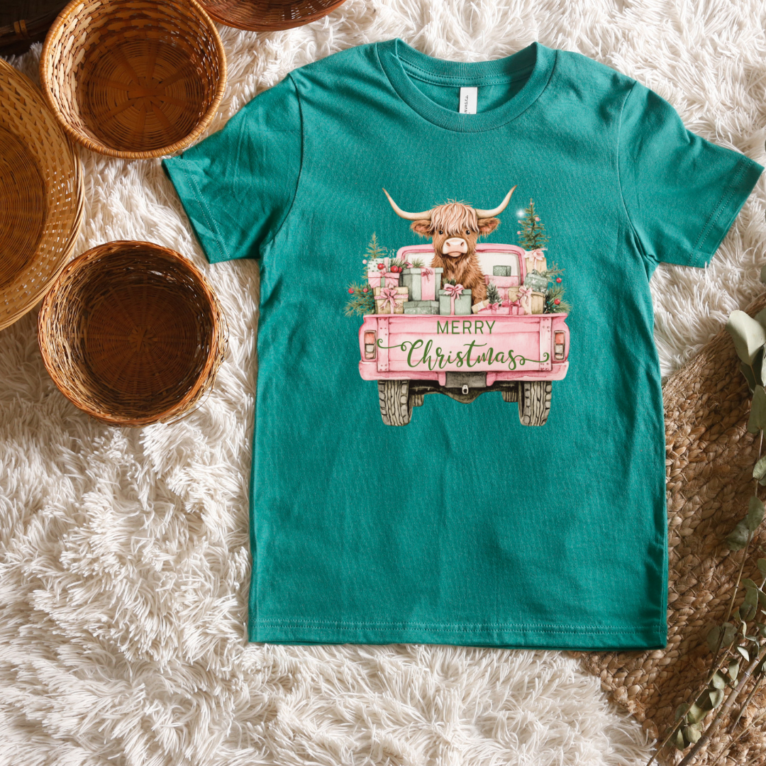 Highland Cow Christmas Truck Short/ Long Sleeve Tees (Toddler/ Youth Sizes)