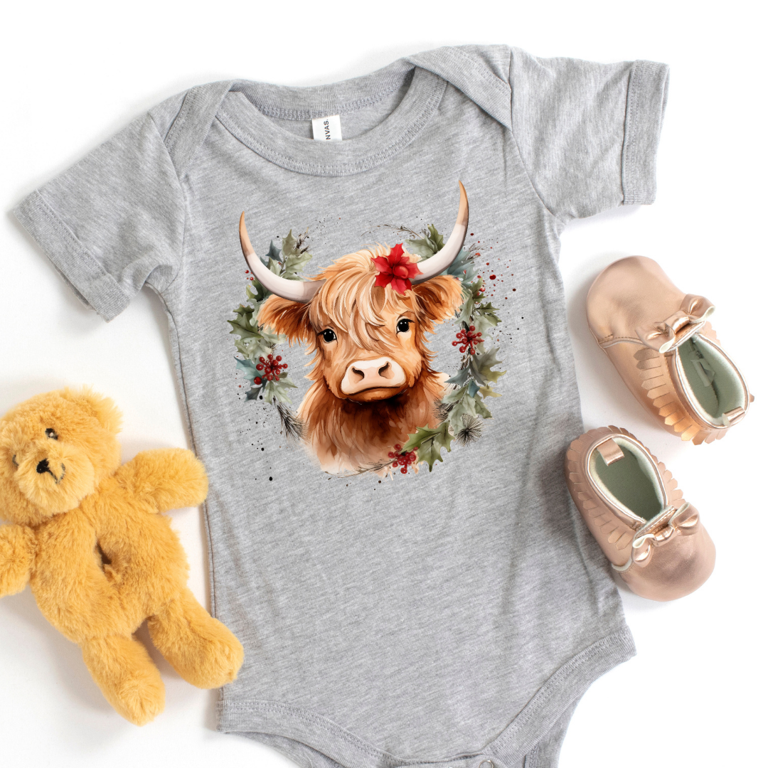 Christmas Cow Wreath Short Sleeve Infant Bodysuit