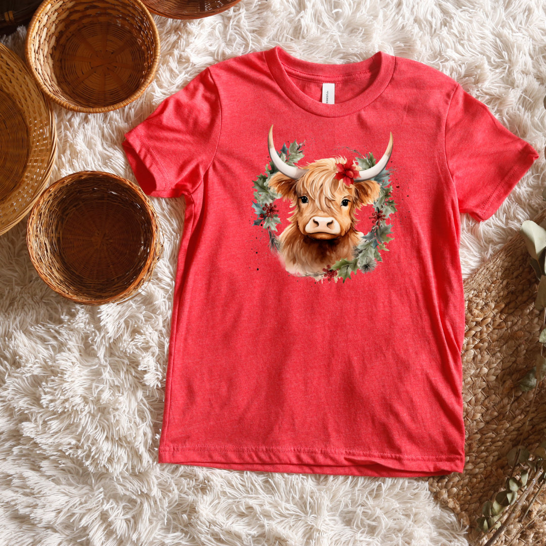 Christmas Cow Wreath Short/ Long Sleeve Tees (Toddler/ Youth Sizes)