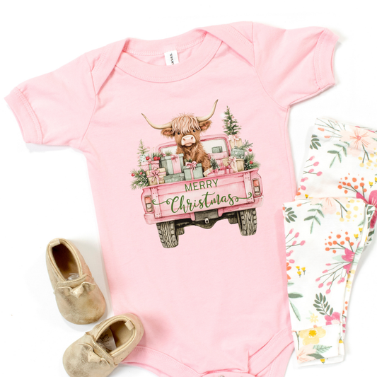 Highland Cow Christmas Truck Short Sleeve Infant Bodysuit