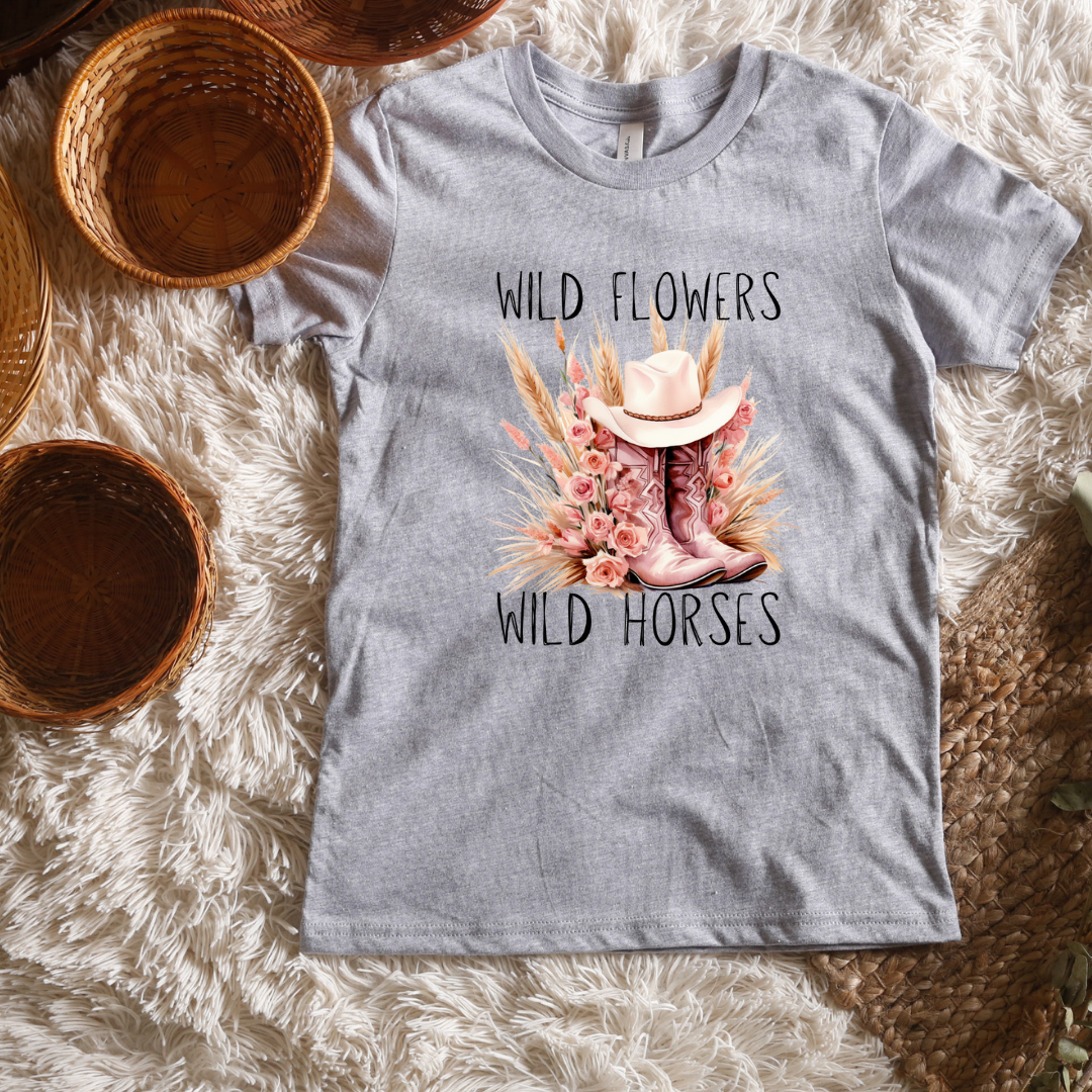 Wildflowers Wild Horses Pink Boot short/ Long Sleeve Tees (Toddler/ Youth Sizes)