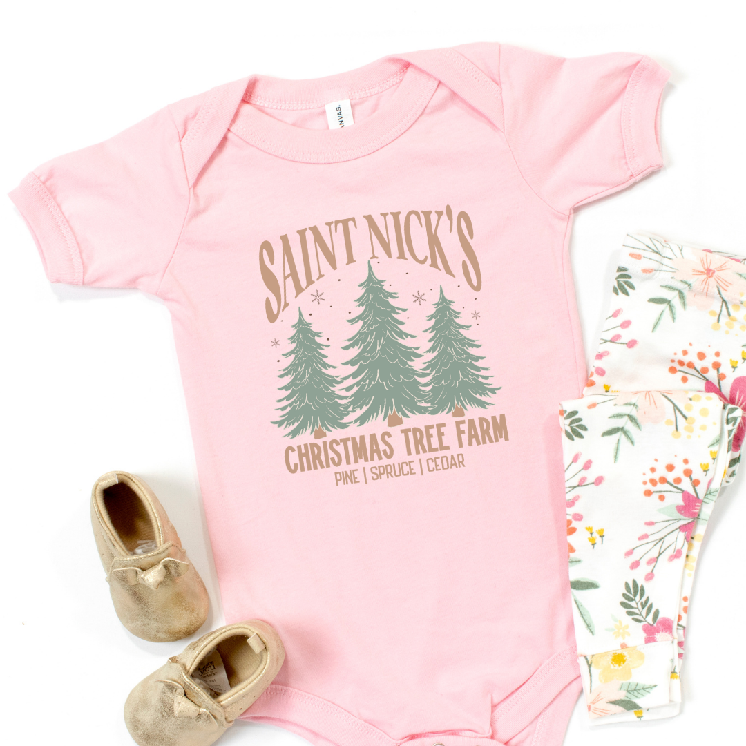 Saint Nick's Christmas Tree Farm Short Sleeve Infant Bodysuit