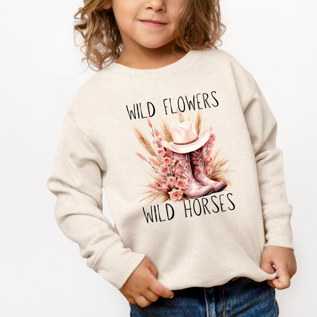 Wildflowers Wild Horses Pink Boot Crewneck Sweatshirt (Toddler & Youth Sizes)