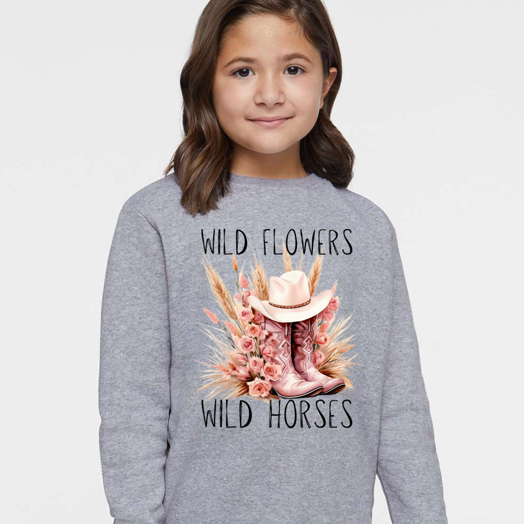 Wildflowers Wild Horses Pink Boot Crewneck Sweatshirt (Toddler & Youth Sizes)