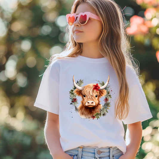 Christmas Cow Wreath Short/ Long Sleeve Tees (Toddler/ Youth Sizes)