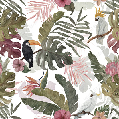 Tropical leaf and bird pattern on a white background