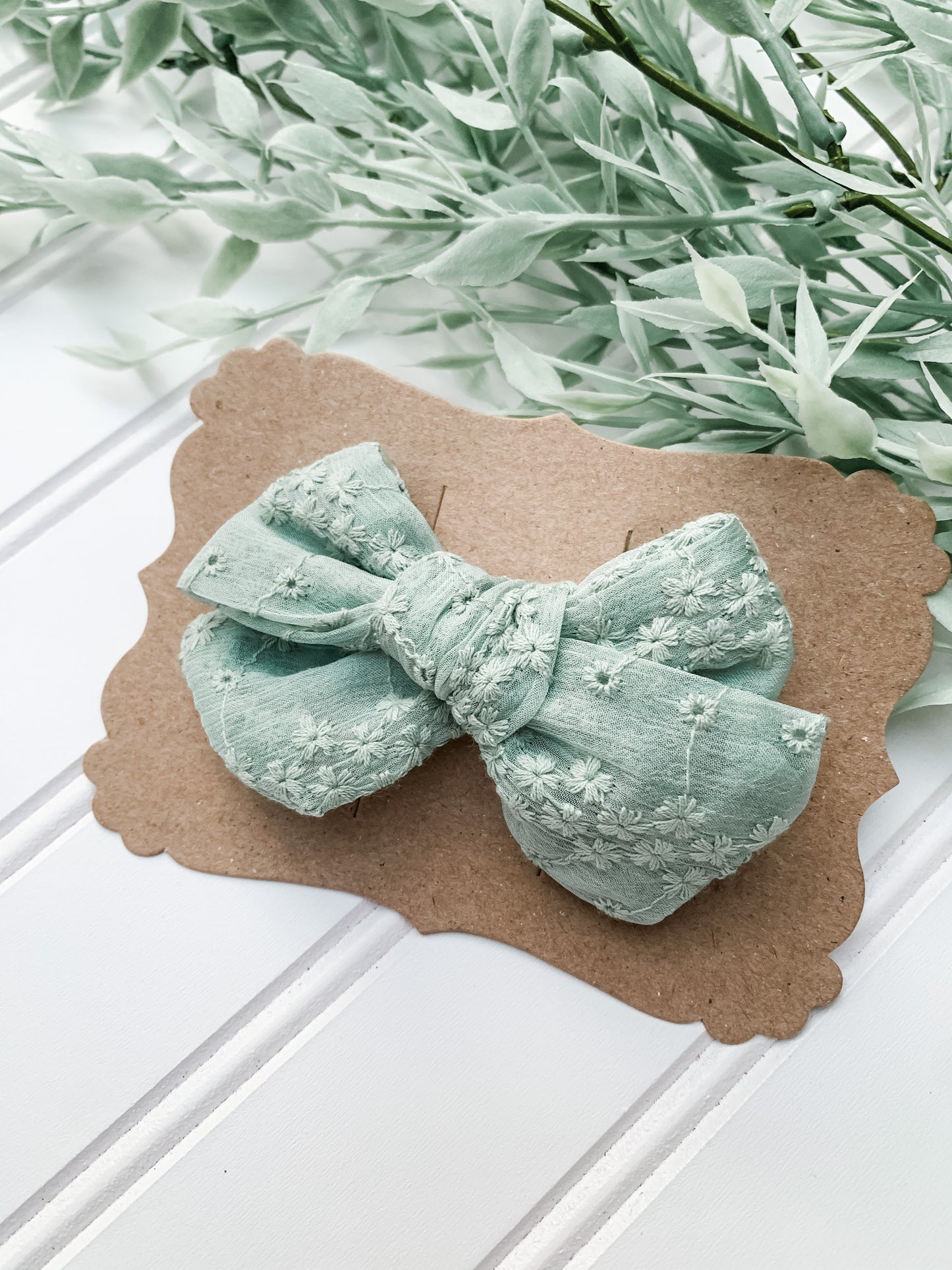Chloe Bow-Embroidered Organza- Sage (on clip or nylon)