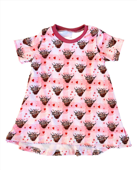 Be Mine Highland Cow (Gingham) T-Shirt Dress