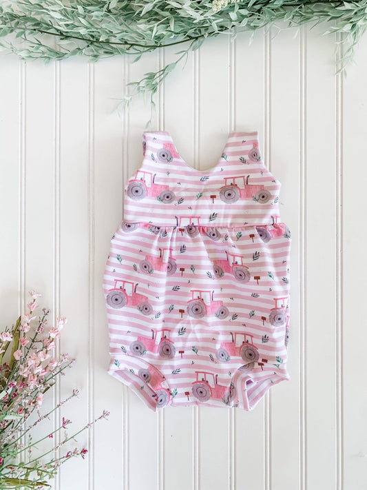 Pink Striped Tractor Romper