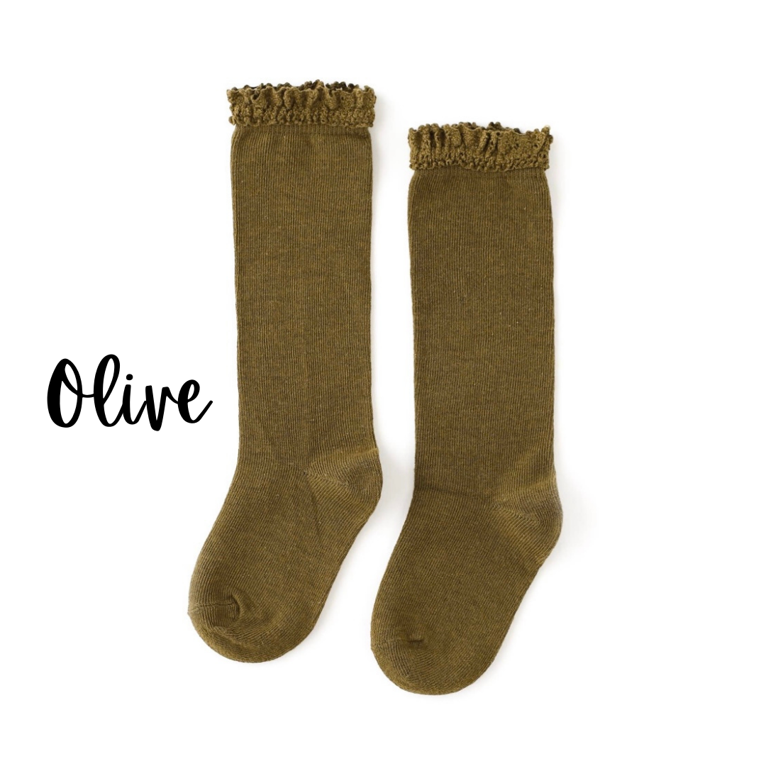 Olive Lace Knee High Socks (6/18M- 4/6Y)