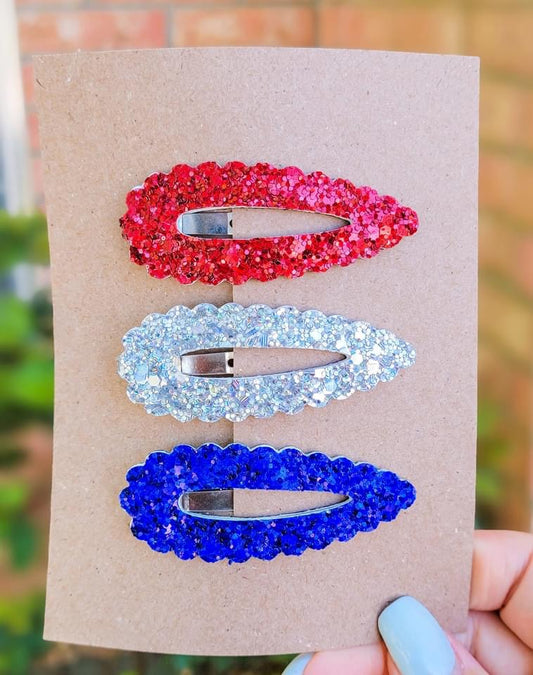Red White & Blue 2.5 inch HOLO Scallop Teardrop Snap Clip Set of 3
